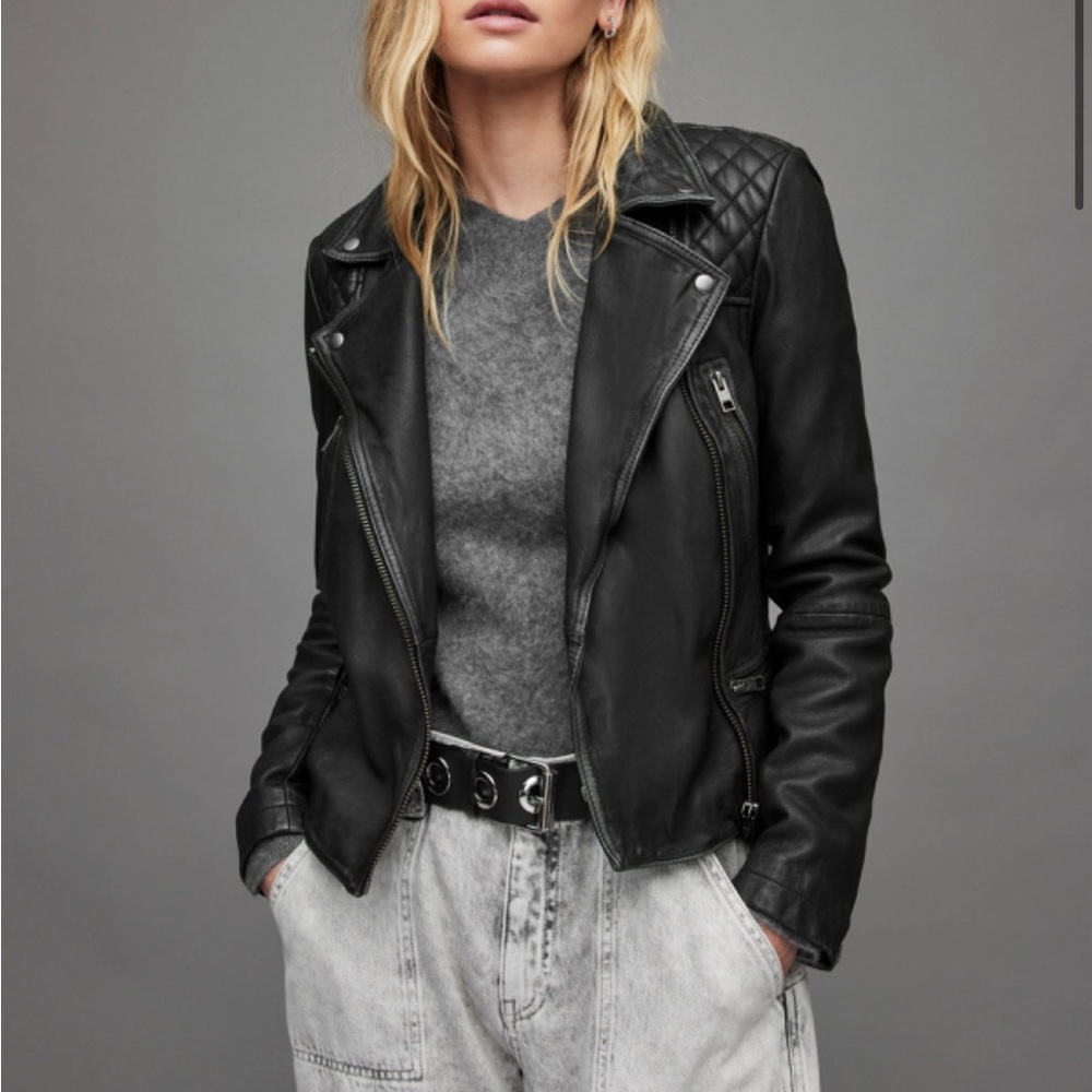All Saints black cargo biker leather jacket